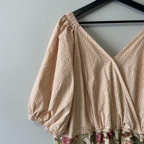 Handmade Plus Size Cotton Gingham Floral Multicolour Inseam Pockets V-Neck Dress - Picture 8 of 16